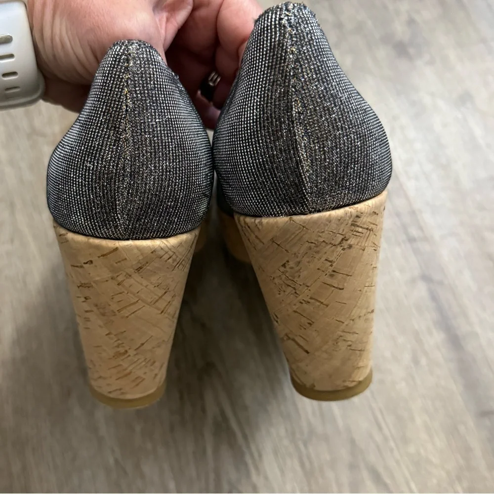 Stuart Weitzman • Anna Metallic Peep Toe Cork Platform Wedge Heels